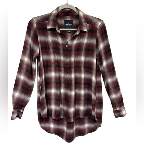 American Eagle Outfitters Tops - American Eagle Womens Plaid Flannel Button Front Shirt Burgundy Gray Size Small